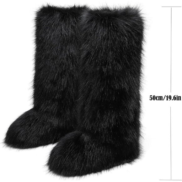 ⚡Women Black Faux Fur Fluffy Cosy Round Toe Knee High Warm Outdoor Fur Boot - Picture 2 of 7